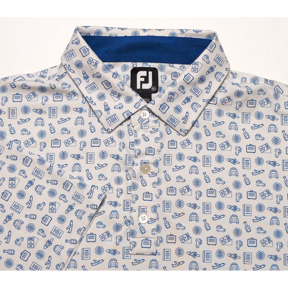 FOOTJOY Golf Polo Mens XL White Blue Planes Travel All Over Print 28493